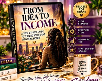 May include: A digital tablet displaying an ebook titled From Idea to Income, featuring a city skyline and a person holding a mug. Beside it sits a white mug with gold trim labeled Ideas Plans Action Income, and a stack of books labeled Dream, Plan, Build, Profit.