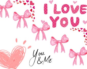 Könnte beinhalten: Rosa-farbene Aquarell-Illustration von Schleifen, Herzen und dem Text "Ich liebe dich" und "Du & Ich".