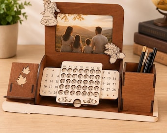 Personalized Perpetual Calendar Desk Organizer with Photo Frame & Pen Holder, Custom Wood Family Gift, Christmas Gift for Dad Mom Him Her
