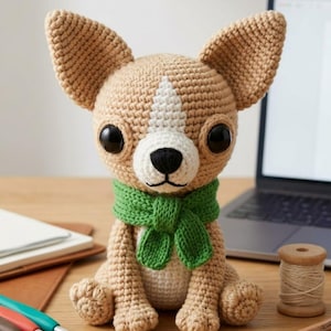 Peut inclure: Une peluche chihuahua crochetée beige et blanche avec de grands yeux en plastique noir et un nez cousu noir. Le chien en peluche porte une écharpe tricotée vert vif autour du cou et présente une texture de fil visible sur tout le corps.