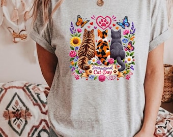 Three Cats PNG Design, Cat Lover Shirt Graphic,international cat day, Floral Cat PNG,Cute Cat Mom Gift,Butterfly Cat Design Digital Download