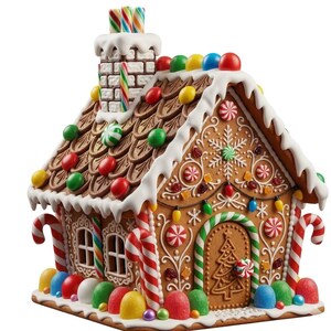 May include: A festive gingerbread house with a brown tiled roof, white icing, and colourful candy decorations. The house has a chimney, candy cane accents, and a door with a Christmas tree design. Colourful gumdrops line the base.