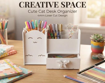 Cat Desk Organizer with Drawer, Cute Kawaii Wood Storage Caddy, Kitten Face Pen Holder & Butterfly Drawer, Handmade Gift for Cat Lovers Her