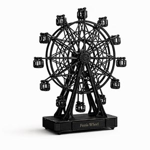 Pode incluir: Modelo de roda gigante em metal preto com detalhes intrincados. O modelo apresenta uma série de cabines de passageiros suspensas de uma grande roda, sustentadas por uma estrutura central e uma base. A base tem a inscrição "Ferris Wheel".