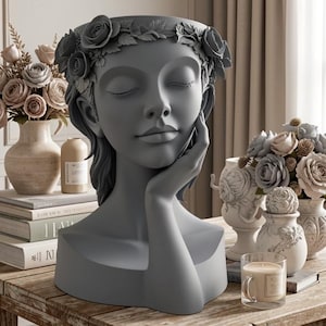 Maceta floral con forma de mujer (archivo STL) | Maceta con rostro femenino para impresión 3D | Soporte decorativo para plantas con forma de busto | Descarga instantánea