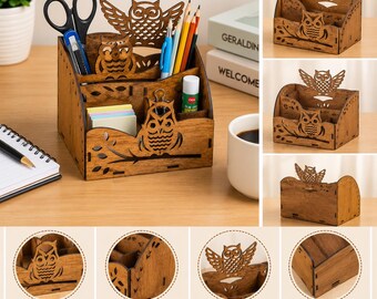 Owl Desktop Organizer SVG, Laser Cut Wood Pen Holder, Owl Storage Box DXF Glowforge File, Wooden Caddy Laser Cut Template, Office Decor