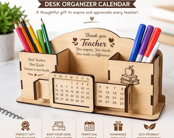 Teacher Pencil Holder SVG, DXF, AI Files, Teachers Gifts Desk Organizer Calendar, Laser Cut Wood Desk Organizer, Classroom Decor Back