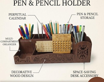 Perpetual Calendar Pen Pencil Holder, Carved Wood Desk Organizer with Mail Slot & Note Spike, Handmade Accessory, Teacher Appreciation Gift