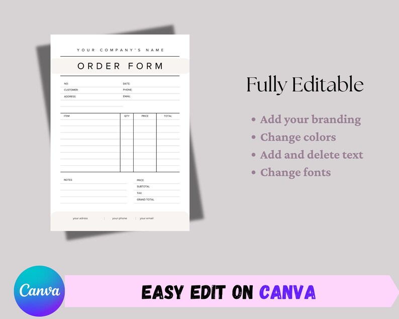 Editable Business Order Form Template: Simple Beige & White Design (PDF ...