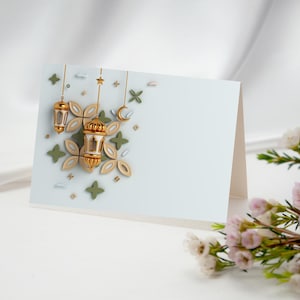 Tarjeta Eid Mubarak, Tarjeta Idul Fitri plegada, Tarjeta Blu Pastel, Idul Fitri para ella, Tarjeta Eidul Fitri, Tarjeta Selamat Idul Fitri