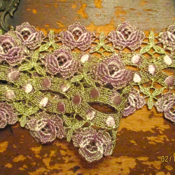 Hand dyed cabbage rose venise lace Vintage Violet Haze  Crazy Quilt Junk Journal Embellishment