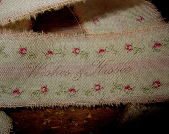 Hand Stamped Tea Dyed Pink rosebud Ticking Ribbon  Wishes and Kisses