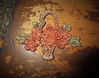 Hand Dyed Venise Lace Petite Flower Basket Applique Vintage Fall Bliss