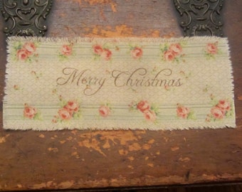 Hand Stamped Tattered Fabric Ribbon Patch Embellishment Shabby Pink Rose Jadite  Ticking Merry Christmas