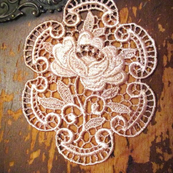 Hand Dyed Venise Lace  Rose Medallion Applique Vintage Blush Pink