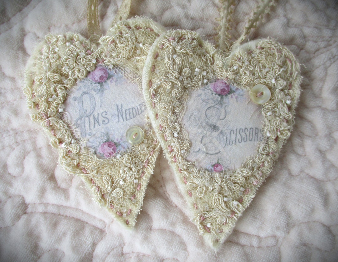 Vintage Lace Heart Collage Victorian Sewing Theme Ornament Set of 2