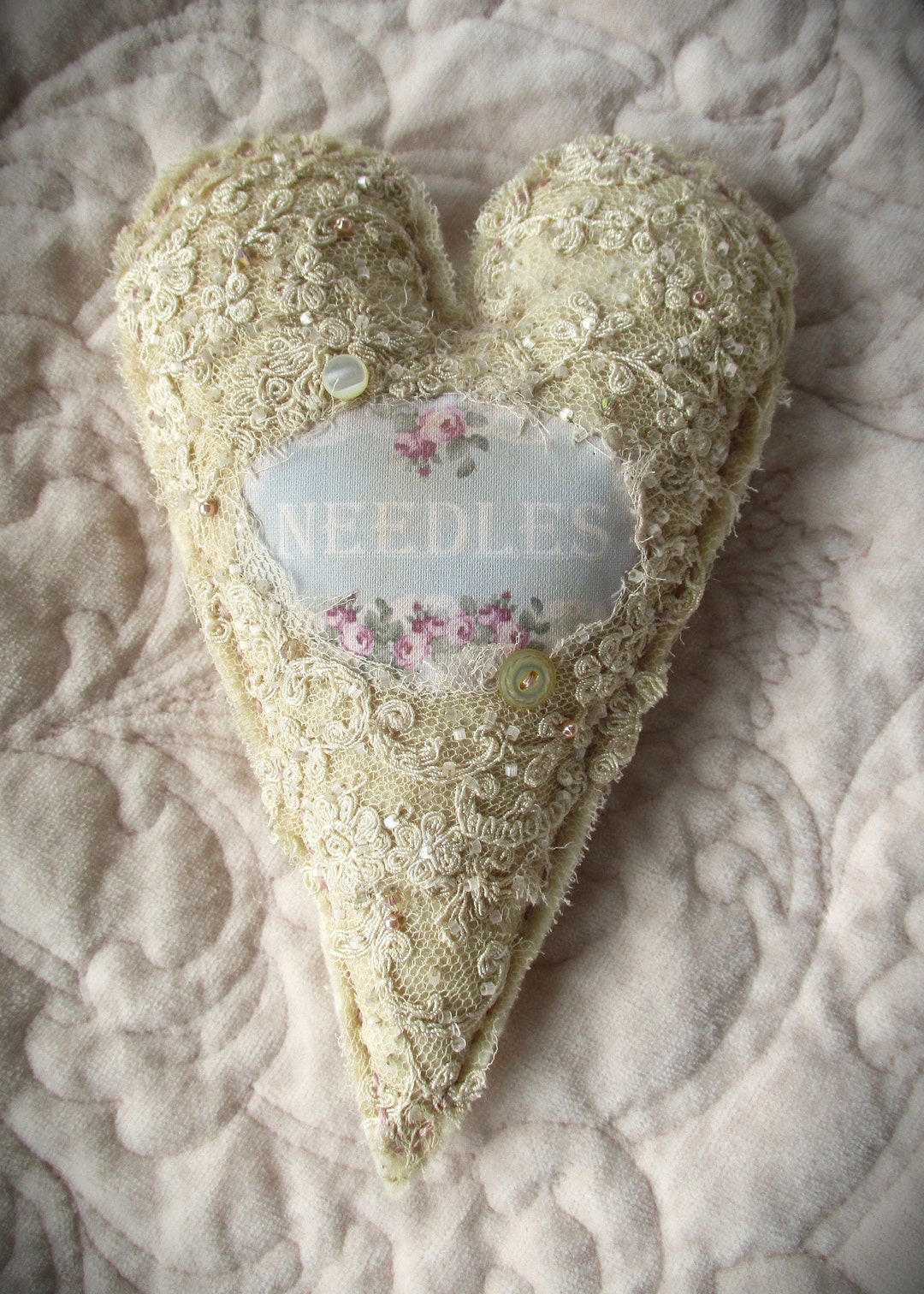 Medium Tattered Vintage Lace Keepsake Pincushion Needles Shabby Roses N ...