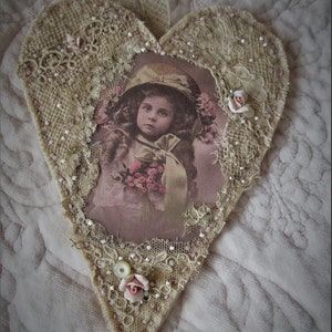 Vintage Lace Collage Hanging Heart Edwardian Spring Bonnet Girl 2