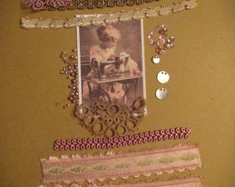 Victorian Crazy Quilt Junk Journal Inspiration Petite Embellishment Kit Victorian Sewing Lady in Pink