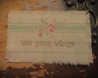 Hand Stamped Small Tattered Fabric Ribbon Patch Green Ticking Roses  Junk Journal Embellishment   use your wings