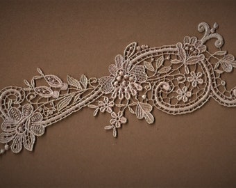 Hand Dyed Venise Lace Applique Floral Scroll Vintage Blush Latte