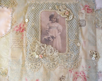 Sweet Serene Girl Shabby Rose  Vintage Lace Crazy Quilt Collage Wall Hanging