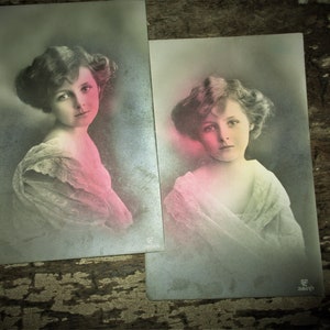 Vintage Antike echt Foto Postkarten Set von 2 wunderschönen Edwardian Girl Pink Rose getönt