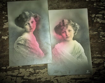 Vintage Antique  Real Photo Postcards Set of 2 Beautiful Edwardian Girl Pink Rose tinted