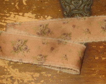 Tattered Tea Stained Fabric Petite Ribbon Violet Rust Roses Rare Fabric 4