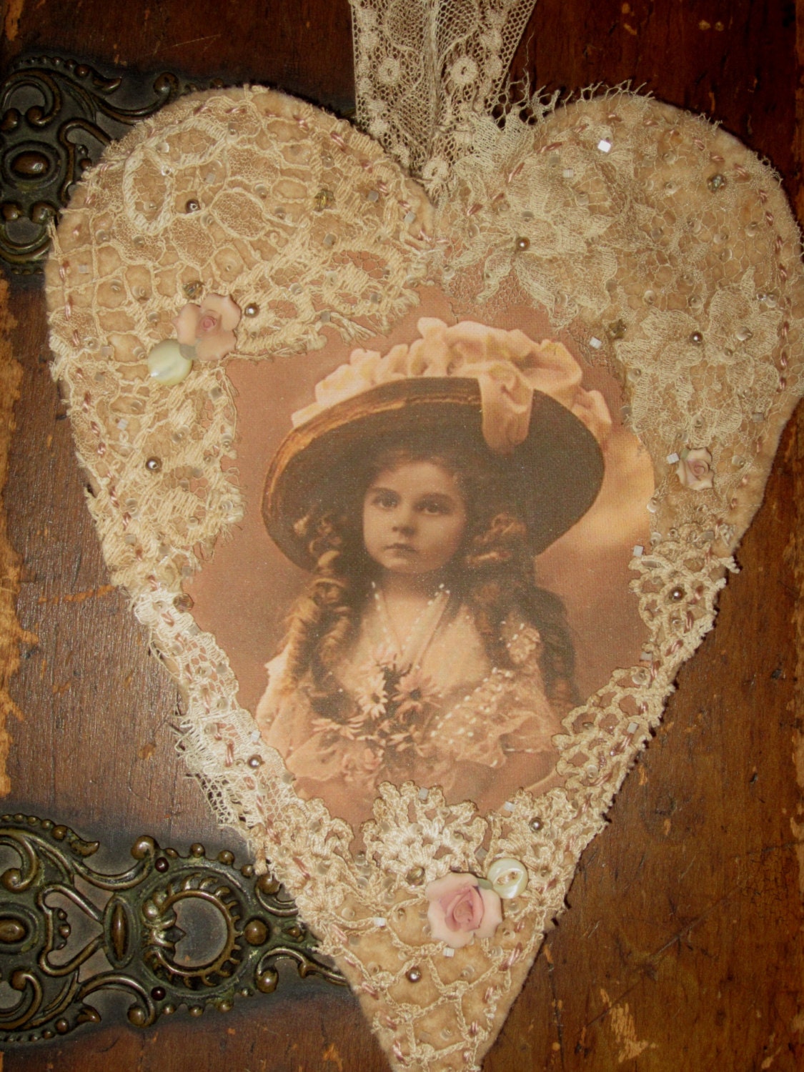 Vintage Lace Collage Hanging Heart Edwardian Hat Girl | Etsy