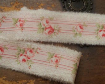 Tattered Fabric Ribbon  Shabby Pink Rosebud Ticking Stripe 1&quot; Junk Journal Embellishment