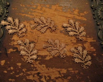Hand dyed Cotton Venise Lace Tiny Leaf Appliques  Aged Mocha  Set of 6