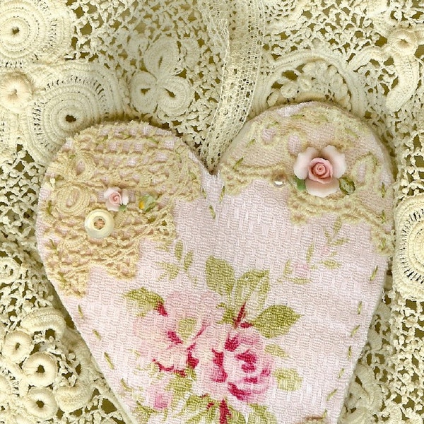 Shabby Pink Rose Barkcloth Vintage Lace Collage Heart Ornament