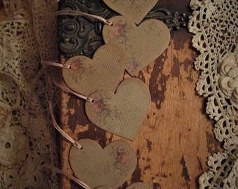 Shabby Rose Petite Heart Paper Gift Tag Set of 6   Valentines Day Junk Journal Embellishment  (Taupe Rose)