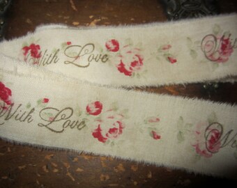 Hand Stamped Rose Ticking Valentine Ribbon Tea Stained With Love