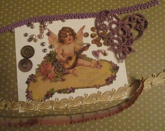 Crazy Quilt Junk Journal Inspiration Petite Embellishment Kit  Victorian Cherub with mandolin To Greet My Valentine