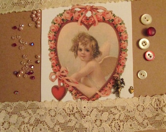 Crazy Quilt Junk Journal Inspiration Petite Embellishment Kit   Valentine Cherub Heart Red and Cream