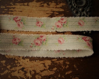 Tattered Fabric Ribbon Shabby Pink Rosebud Jadite Ticking Stripe  Petite Size