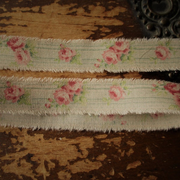 Tattered Fabric Ribbon Shabby Pink Rosebud Jadite Ticking Stripe  Petite Size