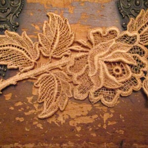 May include: A delicate lace applique featuring a rose with intricate details and leaves. The lace is a light brown color and is perfect for adding a touch of elegance to any project.