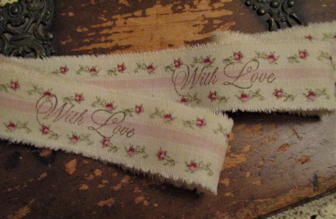 Hand Stamped Sweet Rose Ticking Tea Dyed Ribbon With Love Junk Journal ...