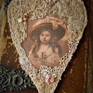 Vintage Lace Collage Hanging Heart Edwardian Hat Girl