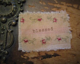 Hand Stamped Tattered Fabric Ribbon Patch Embellishment Shabby Pink Rosebud Ticking  blessed  Junk Journal