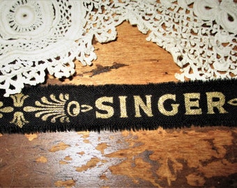 Tattered Fabric Ribbon  16"  Junk Journal  Vintage Petite Singer Sewing Logo Black Gold Accents #2