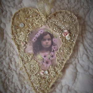 Vintage Lace Collage Hanging Heart Edwardian Spring Daisy Girl