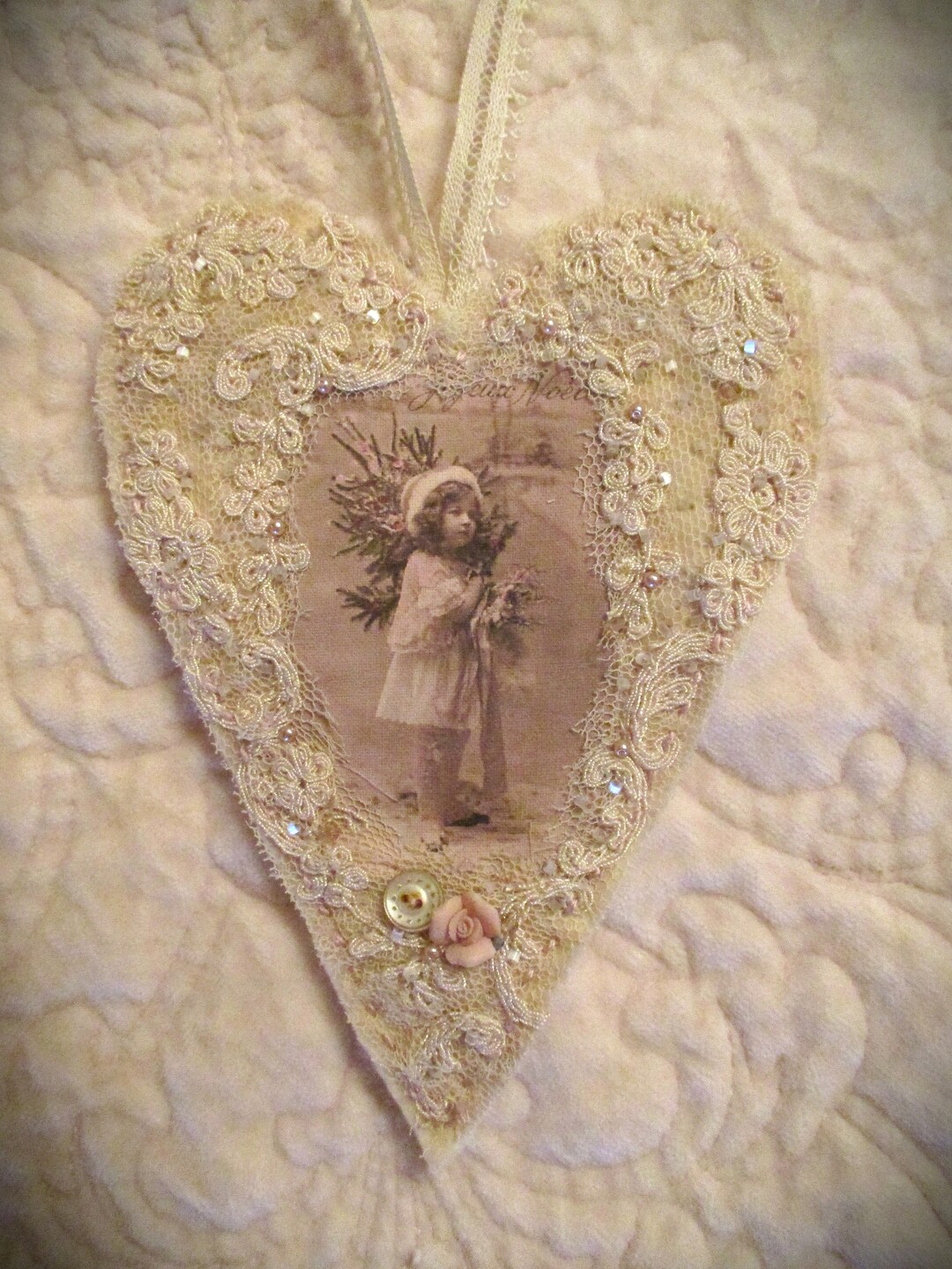 Christmas Winter Edwardian Girl Vintage Lace Heart Collage Ornament - Etsy