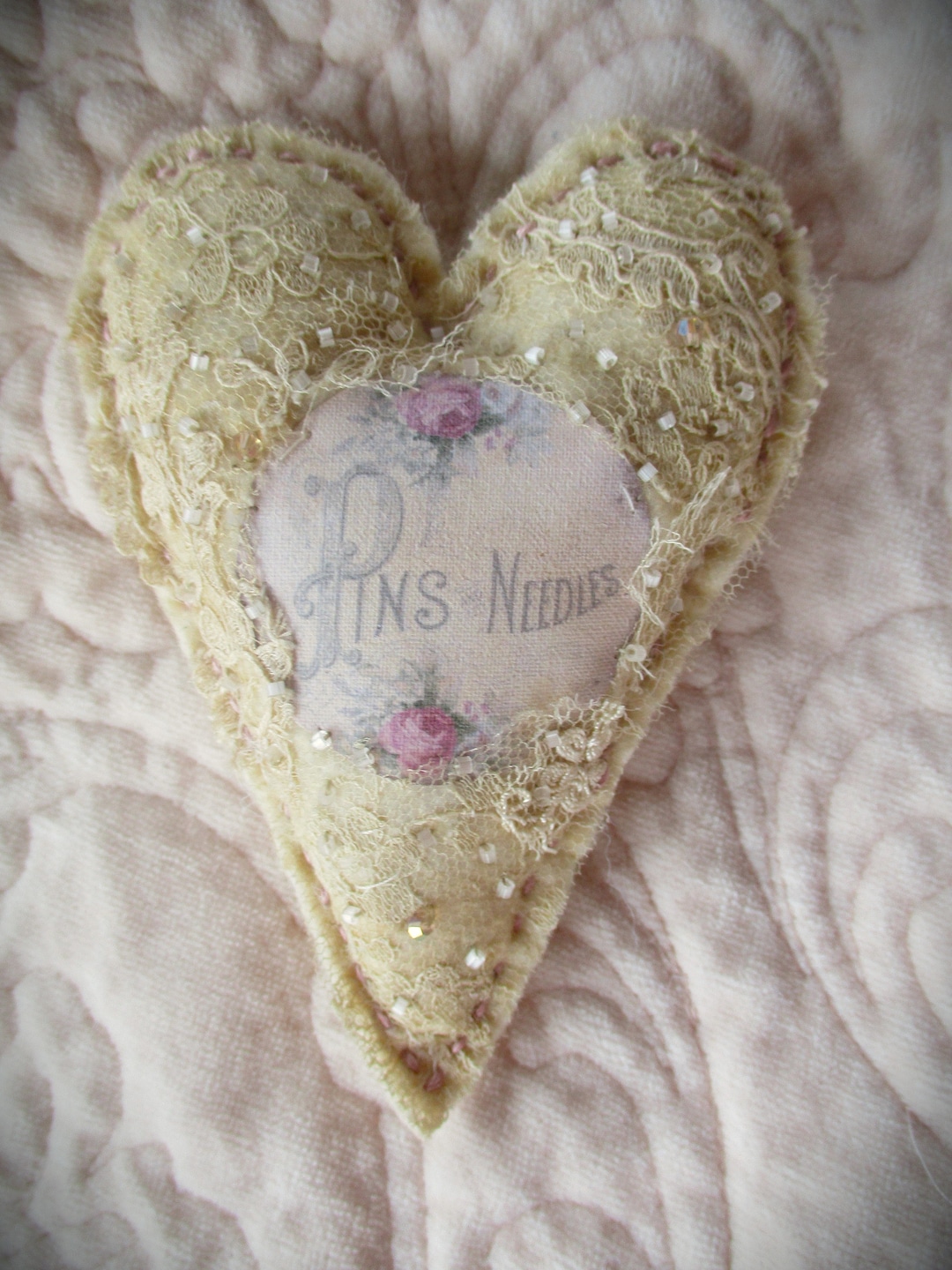 Petite Tattered Vintage Lace Keepsake Pincushion Bowl Filler Pins and