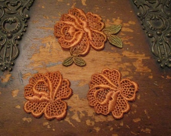 Hand Dyed Venise Floral Rose Lace Appliques  Aged Fall Bliss  set of 3