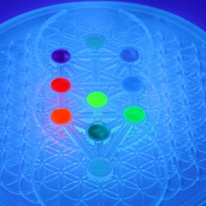 Glow-in-the-dark Kabbalistic Tree of Life sacred geometry mandala, hand-painted acrylic on transparent resin