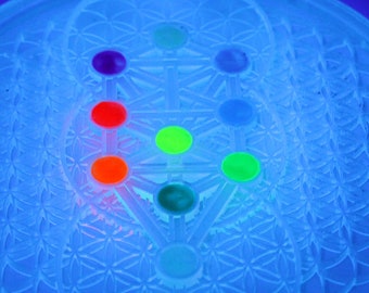 Nachtleuchtendes kabbalistisches Baum des Lebens Mandala, handbemaltes Acryl auf transparentem Harz